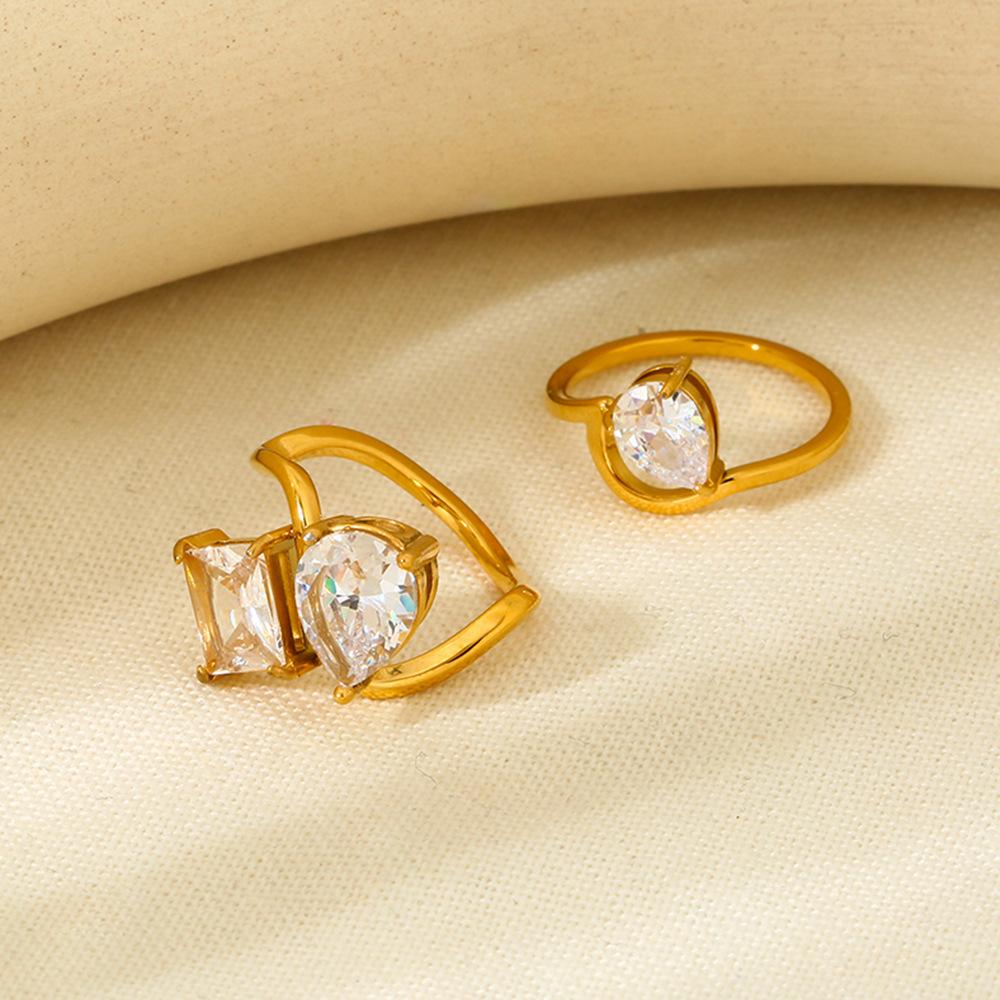 ins water drop square zircon irregular wave ring stainless steel 18K ring waterproof stacked jewelry women