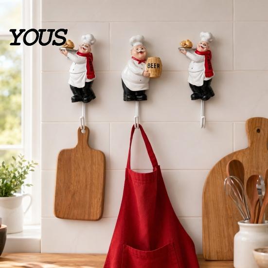 Kitchen Wall Hook Cute Chef Shape Hook, Strong Resin No Punch Bearing Capacity Adhesive Backing Decorative for Home Hang Utensils Dishcloths