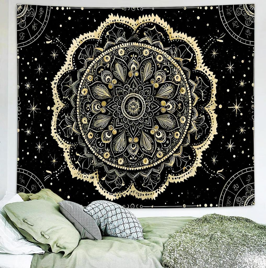 Black and Gold Mandala Tapestry Astrology Space Hippie Bohemian Floral Medallion Tapestry Wall Hanging Aesthetic Psychedelic