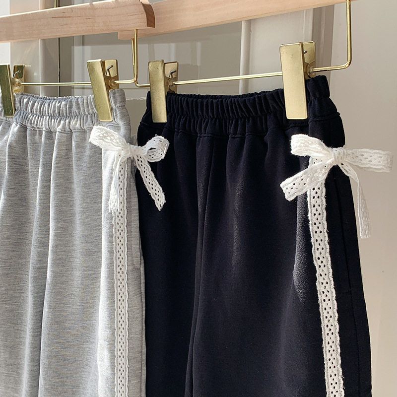 Girls' Pants 2025 Spring and Autumn Korean Style Casual Sports Pants Comfortable Sweatpants with Lace and Bow Stylish