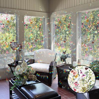 Rainbow Window Film Stain Glass Style Floral Static Clings Non-Adhesive Reusable Window Decals for Living Room Bedroom Kitchen Bathroom