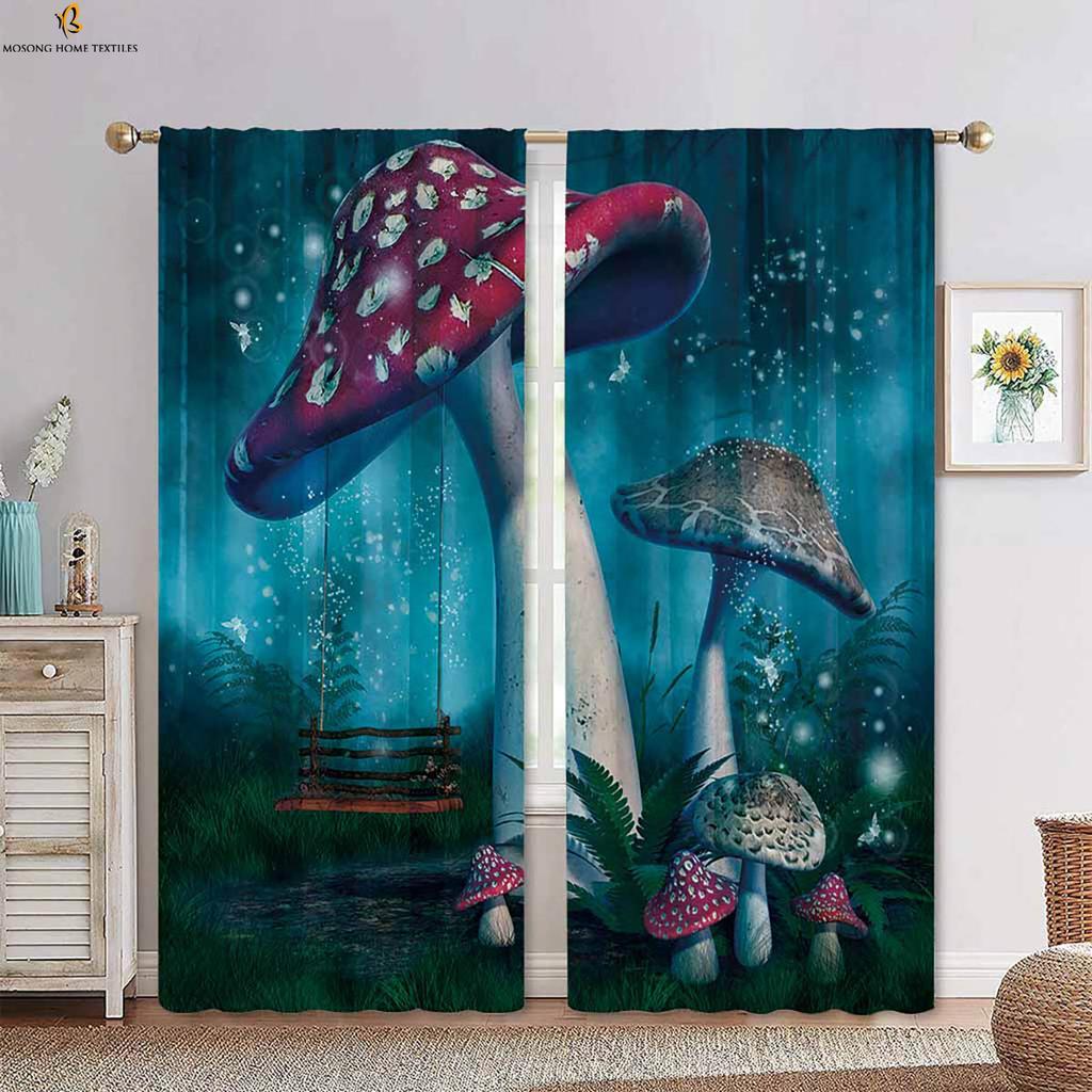 Fantasy Cartoon World Mushroom 3d Printing Curtain Bedroom Kitchen Living Room Children's Room Decorative Curtain 2 Pieces