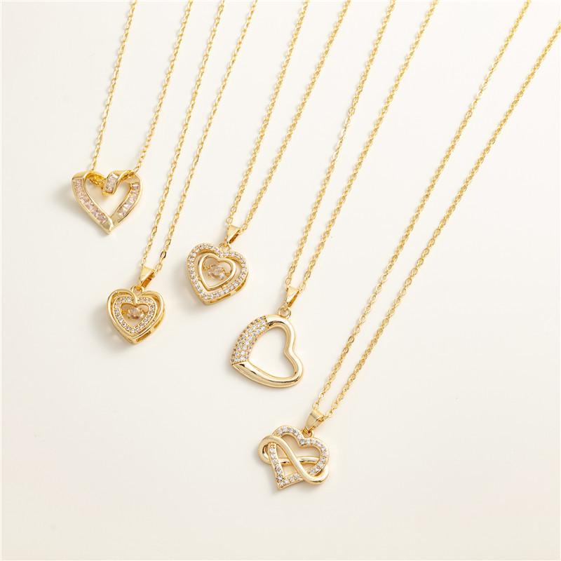 18k Gold Zircon Heart-Shaped Copper Necklace with Diamond Accents Clavicle Chain