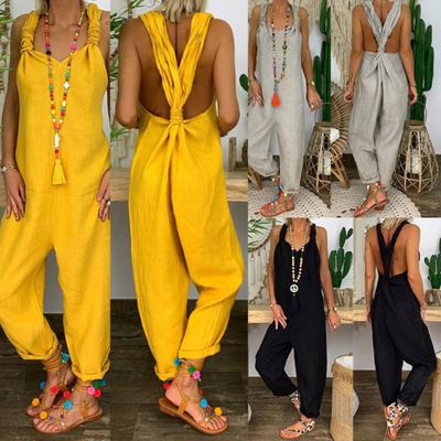 YW Women Solid Color Bib Overall Sleeveless Backless Knotted Jumpsuit Dungarees