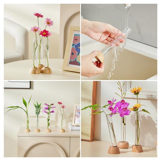 Glass Tube Vase with Wood Base Minimalist Flower Vase Single Stem Flower Vase for Flower Cuttings Home Table Centerpiece Office Desk