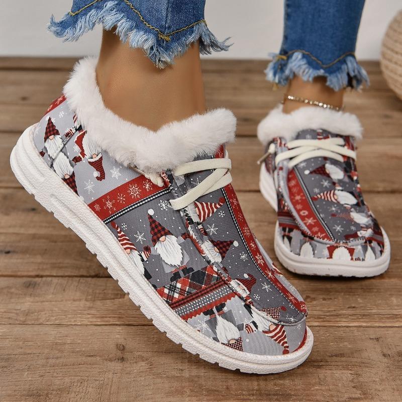 Women's Autumn-Winter Thick-Soled Warm-Lined Patterned Cotton Shoes, Comfortable Casual Footwear, Available In Large Sizes.