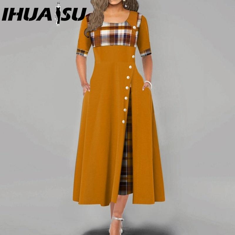 

IHUASU Женское модное повседневное платье макси с нерегулярным принтом в клетку на пуговицах, с коротким рукавом и круглым вырезом, больших размеров, для вечеринок XXL жёлтый