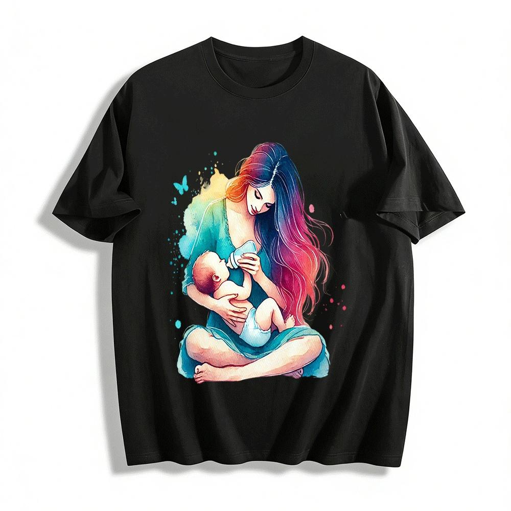 Watercolor Mother Feeding Baby Print Casual Parent-child Top Pure cotton T-shirt XXS