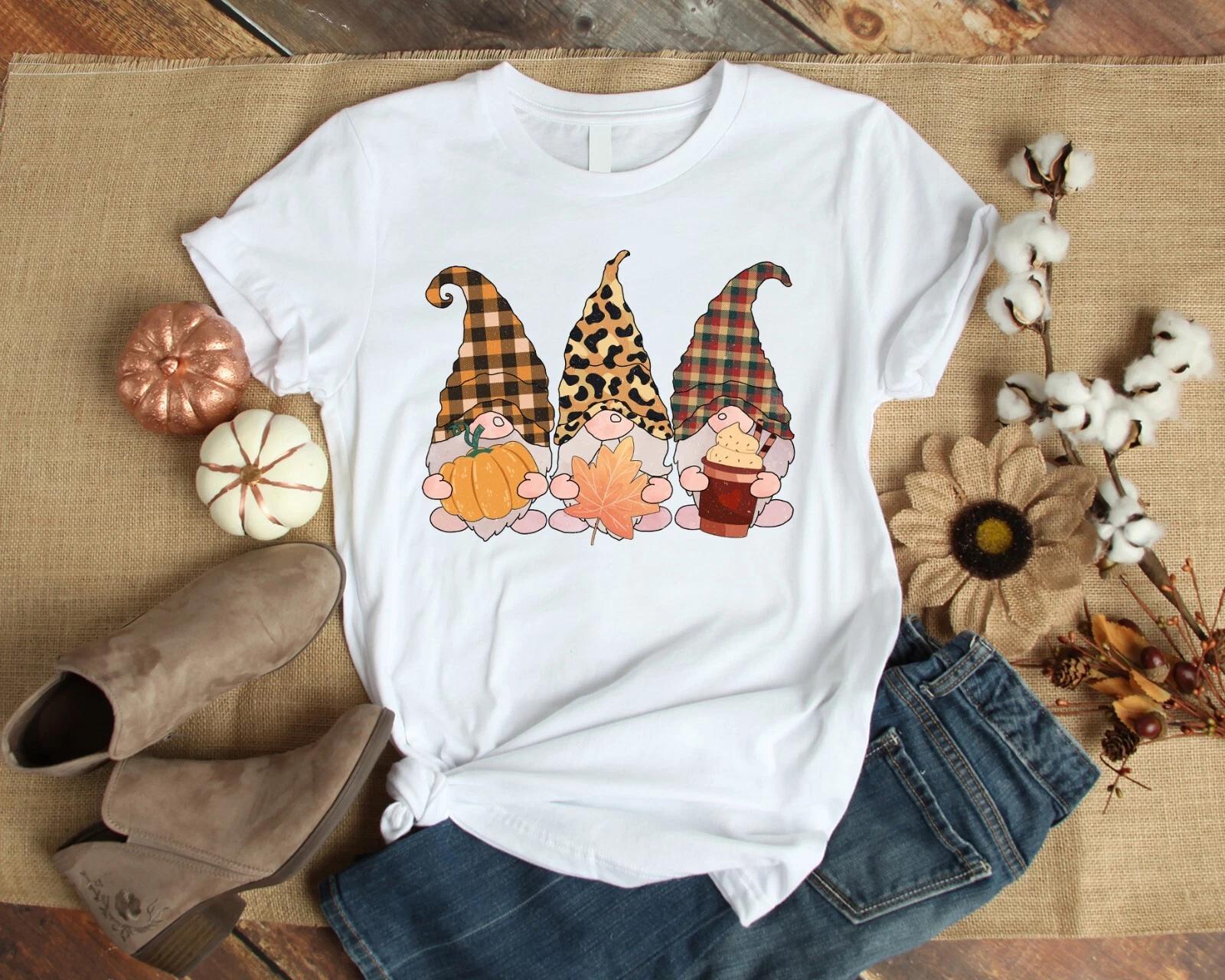 Cute Gnomes Buffalo Plaid Leopard Hat Autumn Fall Lover Gift Men s and Women s T-shirts XXL