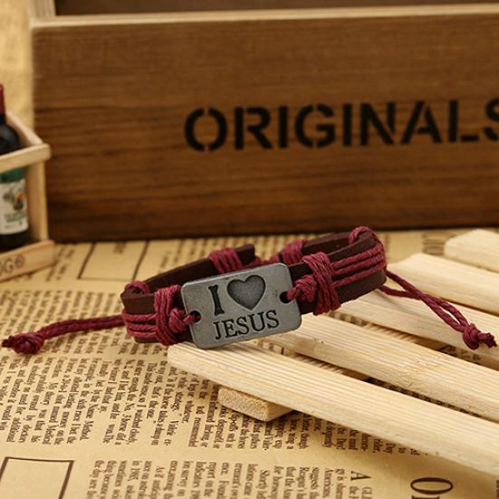 Unisex I LOVE JESUS Faux Leather Bangle Hemp Rope Chain Adjustable Bracelet