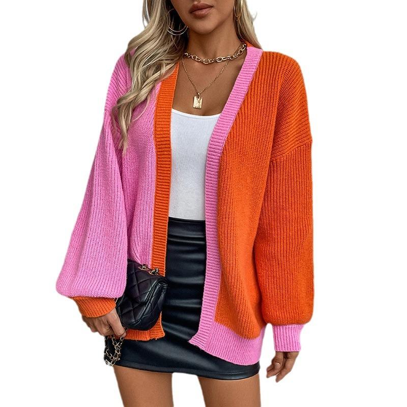 European and American Color Block Sweater Women's Autumn and Winter New Casual Loose Long-sleeved Knitted Cardigan Jacket for Women