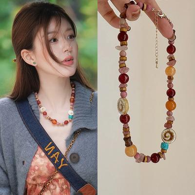 Colored Natural Stone Beaded Necklace Women'S Light Luxury High-End Exquisite Versatile Neck Chain Sweater Chain