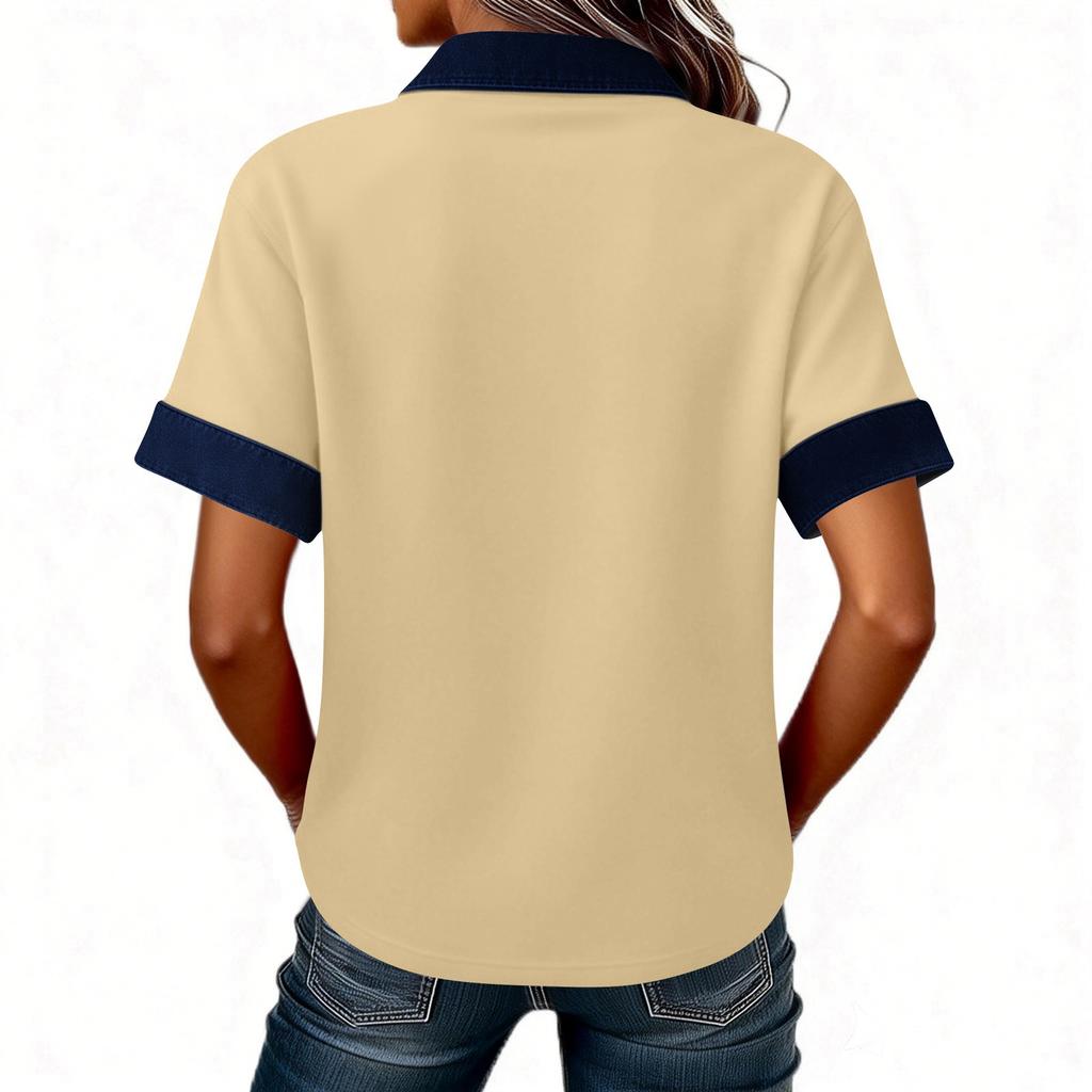 Denim Patchwork Shirts For Women Stand Collar Casual Blouse Short Sleeve Comfy Tshirt Spring Summer Fashion