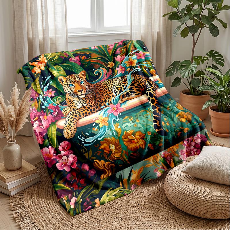 Leopard and Blue Roses Theme blanket Lightweight Warm Flannel Blanket Decorative Throw Blanket for Home Decoration