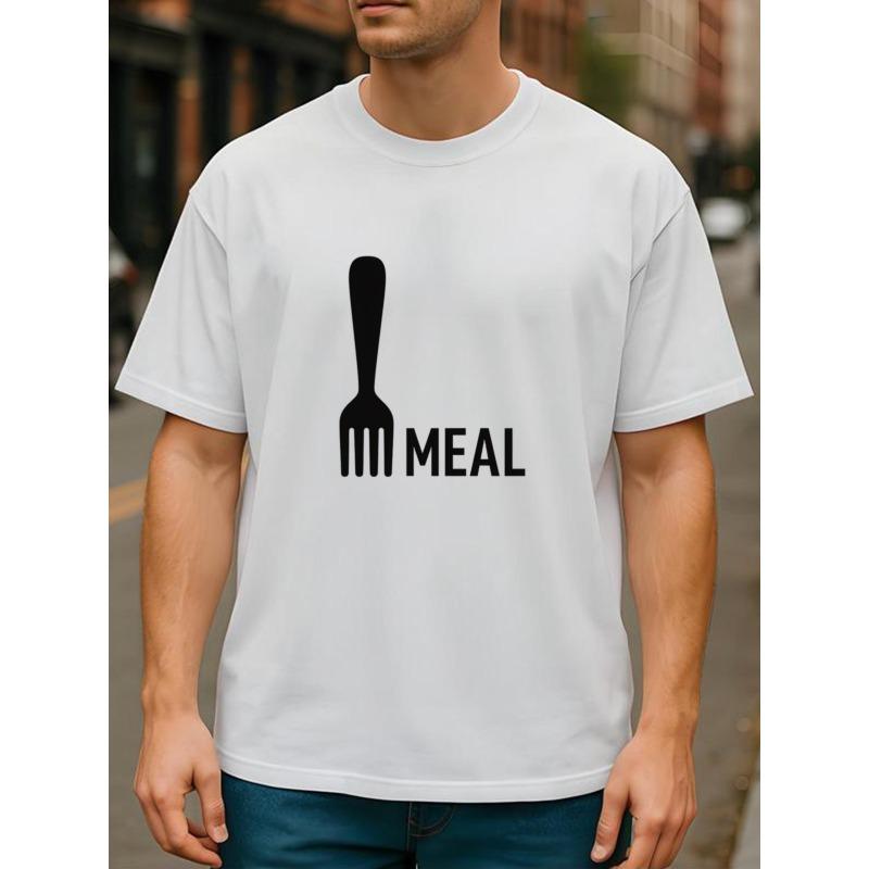European Sizes Fork MEAL Text Print, Lightweight Round-neck Short-sleeved, Suitable for Daily and Home Wear, Patterned Printed Round-neck T-shirt