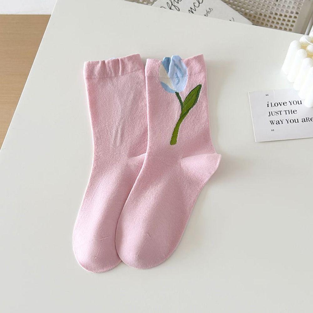 5Pairs Sweet Tulip Flower Socks Thin Socks for Women Soft Mid Tube Socks  Girl