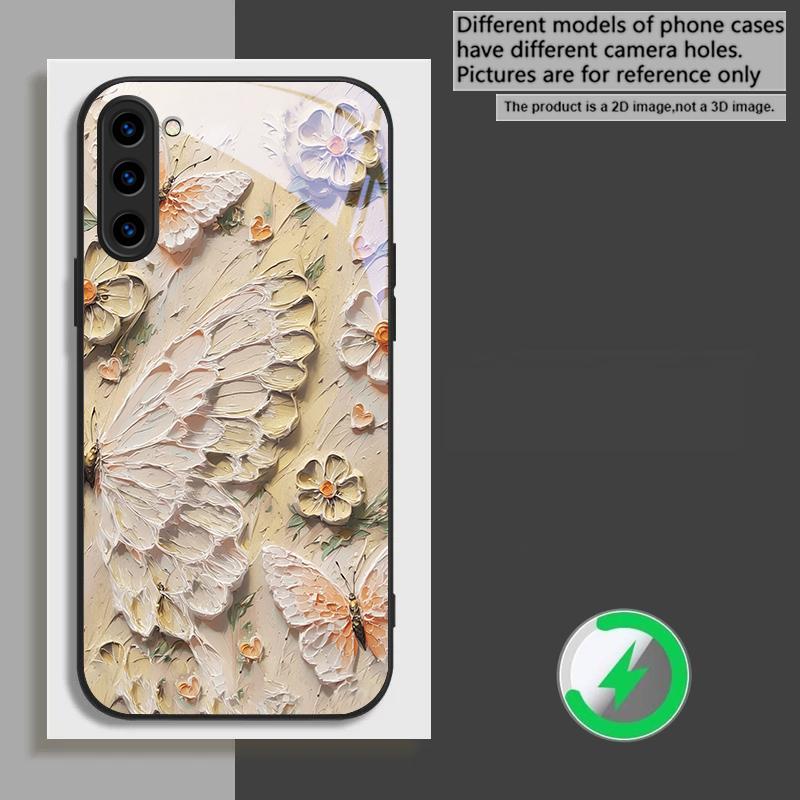Oil Painting Butterfly Suitable for Samsung Galaxy S26 Ultra S20 FE S21 S22+ 23 Plus S24 Ultra 25 Edge Black Glass Phone Casee