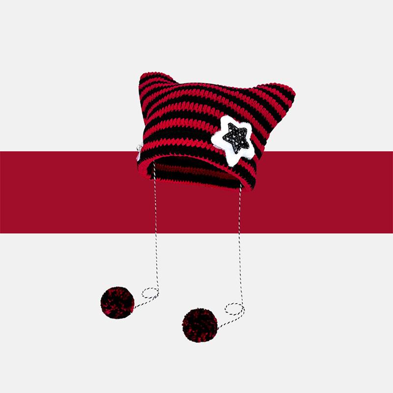 Cute Fashion Autumn Winter Cat Ears Hats For Women Girls Punk Striped Thickened Warm Cap Hairball Pendent Cold-Proof Hat Gifts