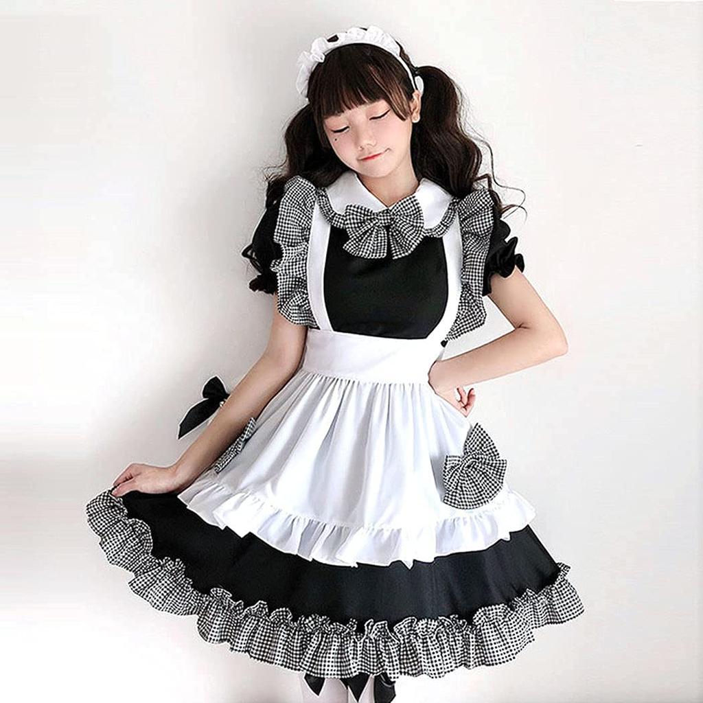 JUNDOMECY Cute Checkered Maid Plus Size Maid Short Black and Photo School Party Costume, High-Quality Set, Small, Cosplay, Sleeves, Ruffles, White,