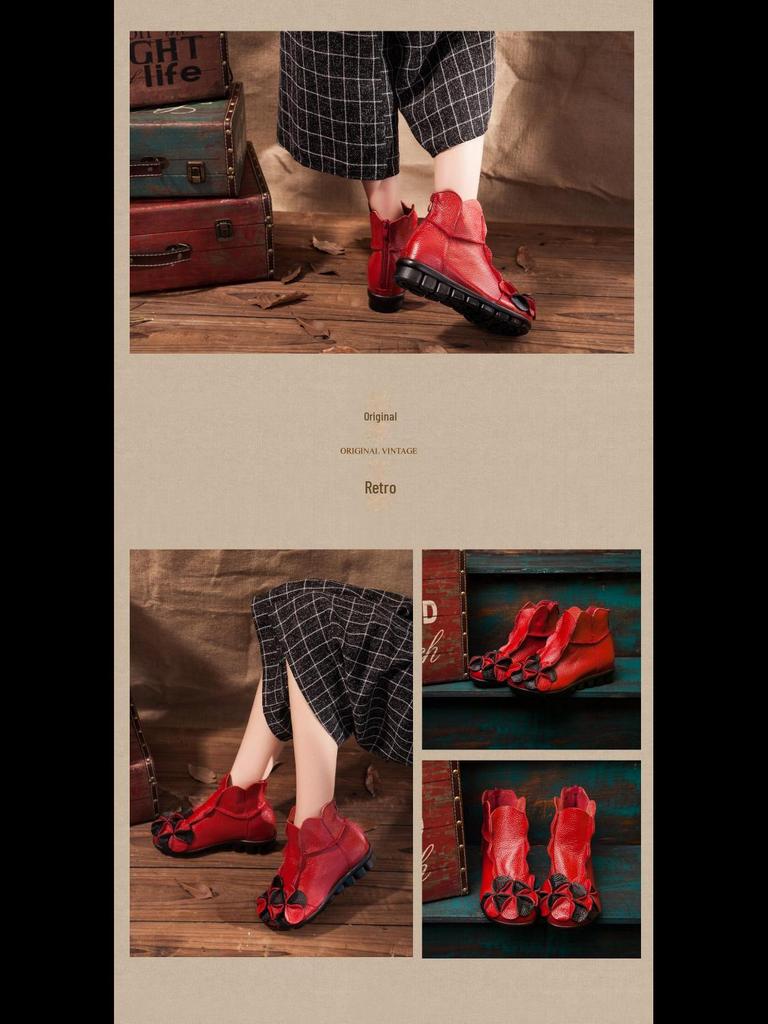 Women's Handmade Retro Real Leather Martin Boots with Thick Soles and Heels, Rear Zipper, Short Design for Autumn and Winter