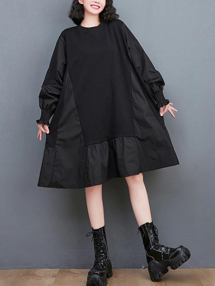 Xitao Schwarzes lässiges Patchwork-Kleid, lockere Mode für Damen LYD1042