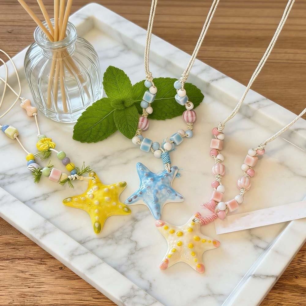 Contrast Color Blue Starfish Collarbone Chain Beads Exquisite Neck Pendant  Seaside Versatile