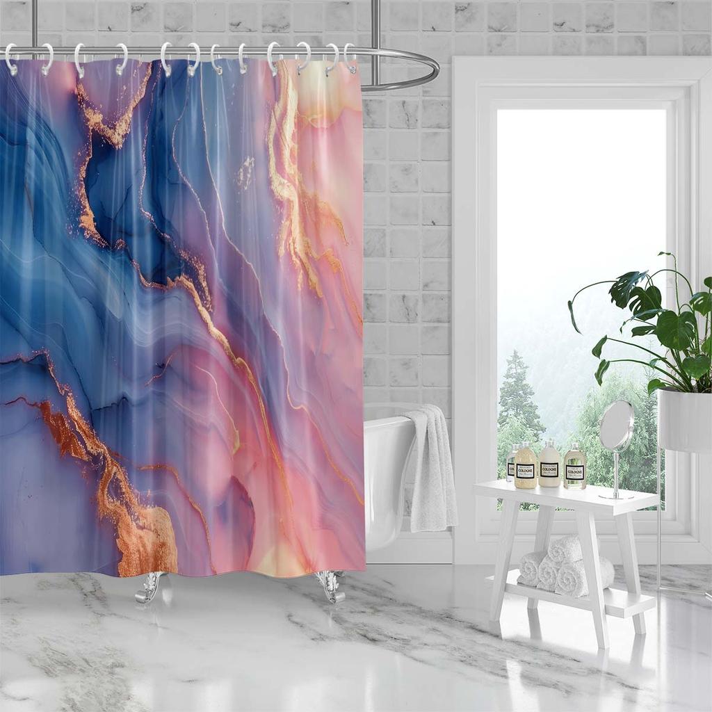 1pc Pink Marble Printed Waterproof Shower Curtain Shower Partition Hanging Curtain with 12 Hooks Multiple Sizes Easy To Install