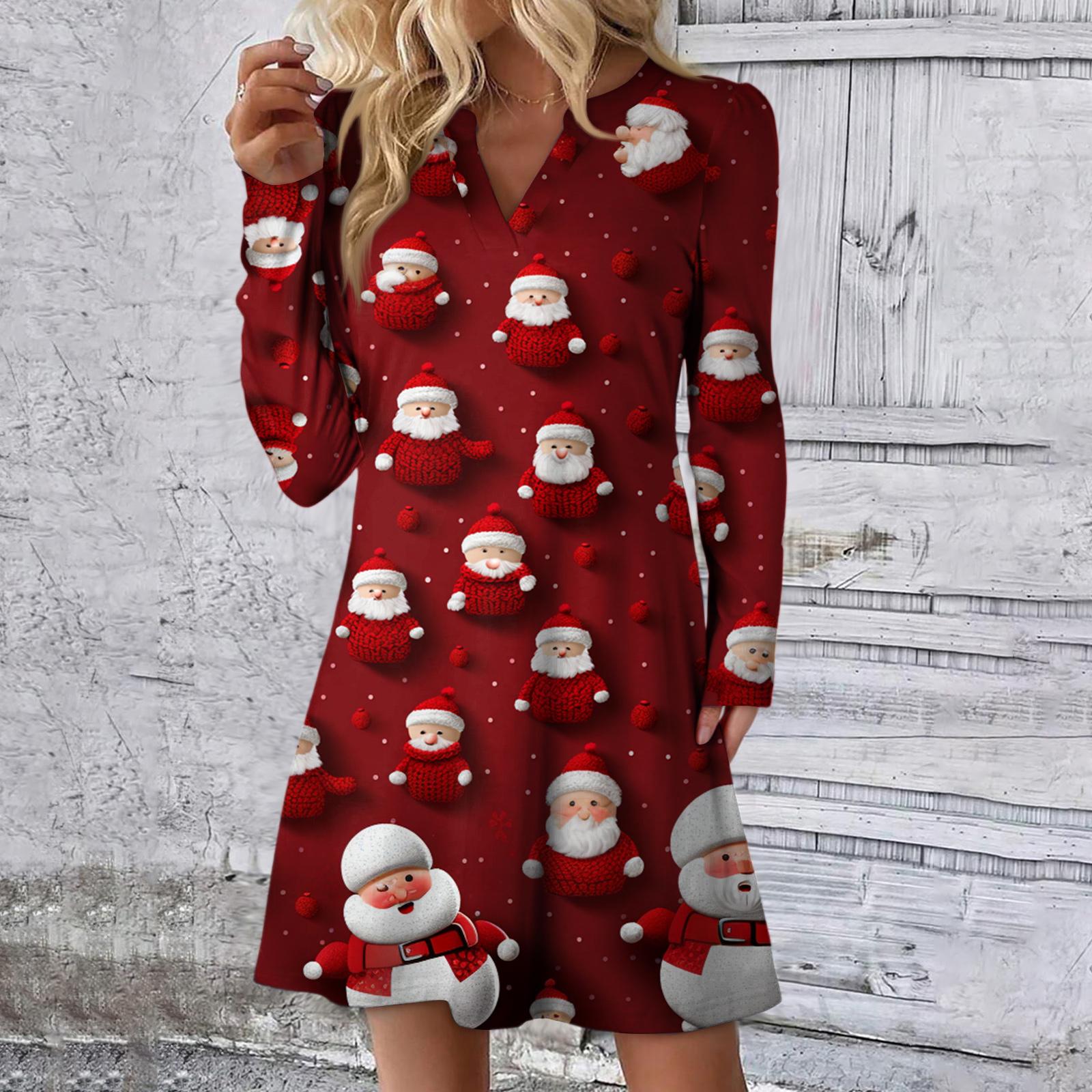 

Женское рождественское платье с принтом, свободное, с V-образным вырезом, повседневное платье с длинными рукавами XL