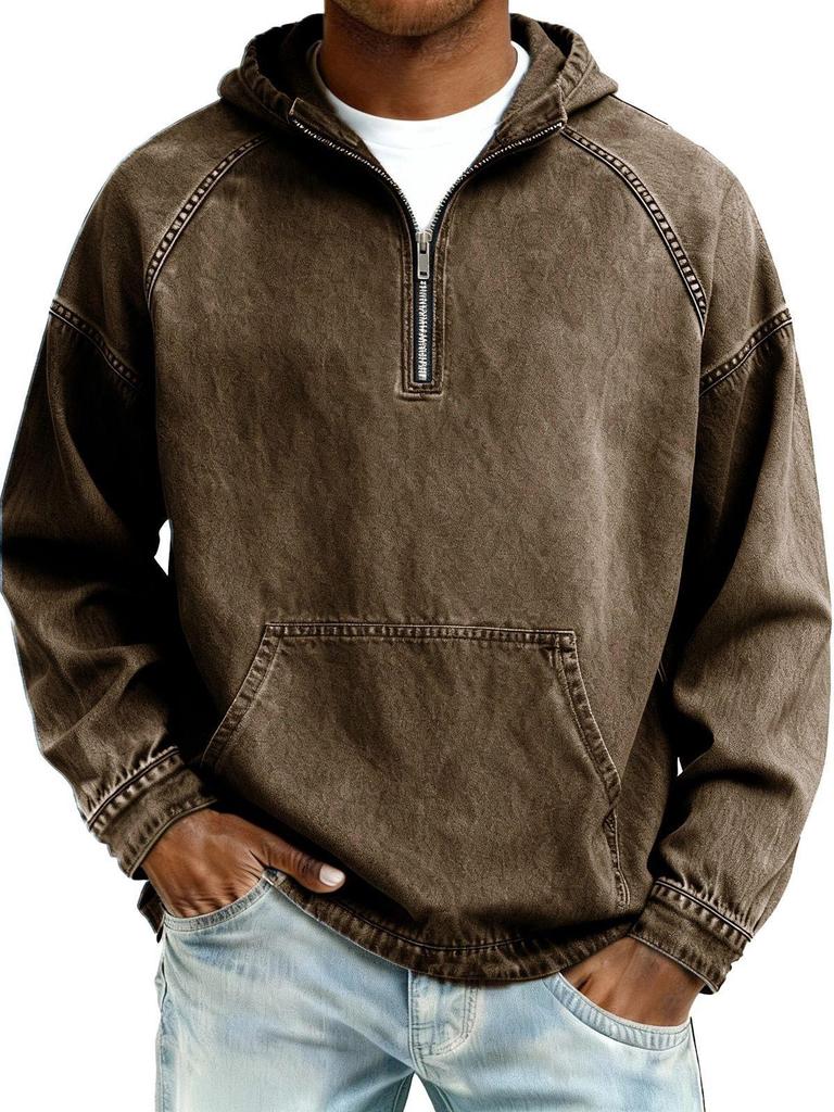 Men's Washed Old Solid Color Loose Half-Zip Hoodie with Hood - Autumn/Winter 2025 Collection