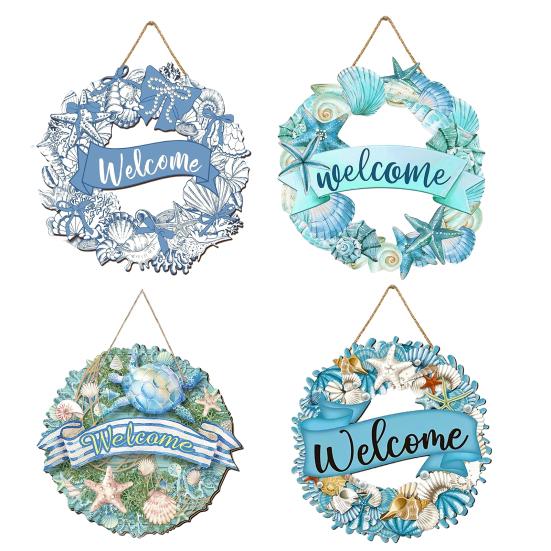 Welcome Summer Sign Shells Starfish Wall Hanging Wreath Farmhouse Coastal Beach Wooden Round Door Hanger for Front Door Porch Courtyard Decor