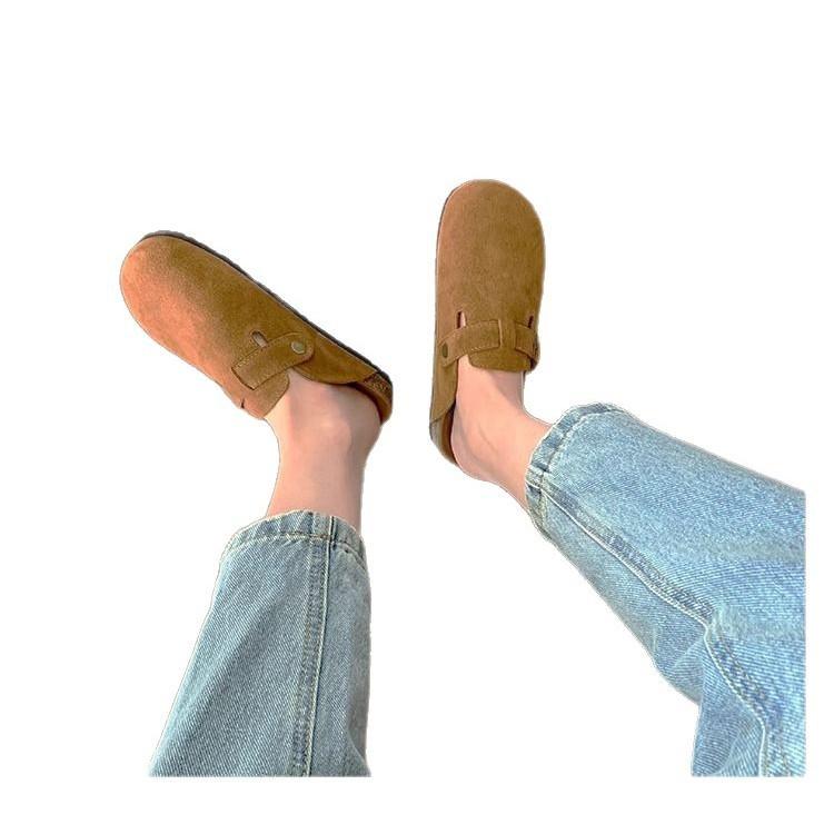 2025 New Boken Shoes for Women In Spring and Autumn, Lazy People Wear One Pedal Fishing Flat-bottomed Cork-bottomed Bag Head and Half Slippers