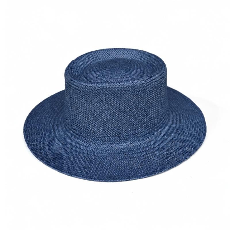 Navy Blue Flat Top Straw Hat Women'S Summer Seaside Sunshade Sun Protection Leisure Beach Vacation Woven Hat Elegant