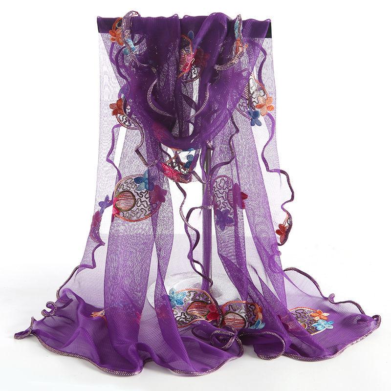 

Женский длинный вышитый шарф с шелковым шарфом, универсальный, с зимней оборкой по краю для защиты шеи