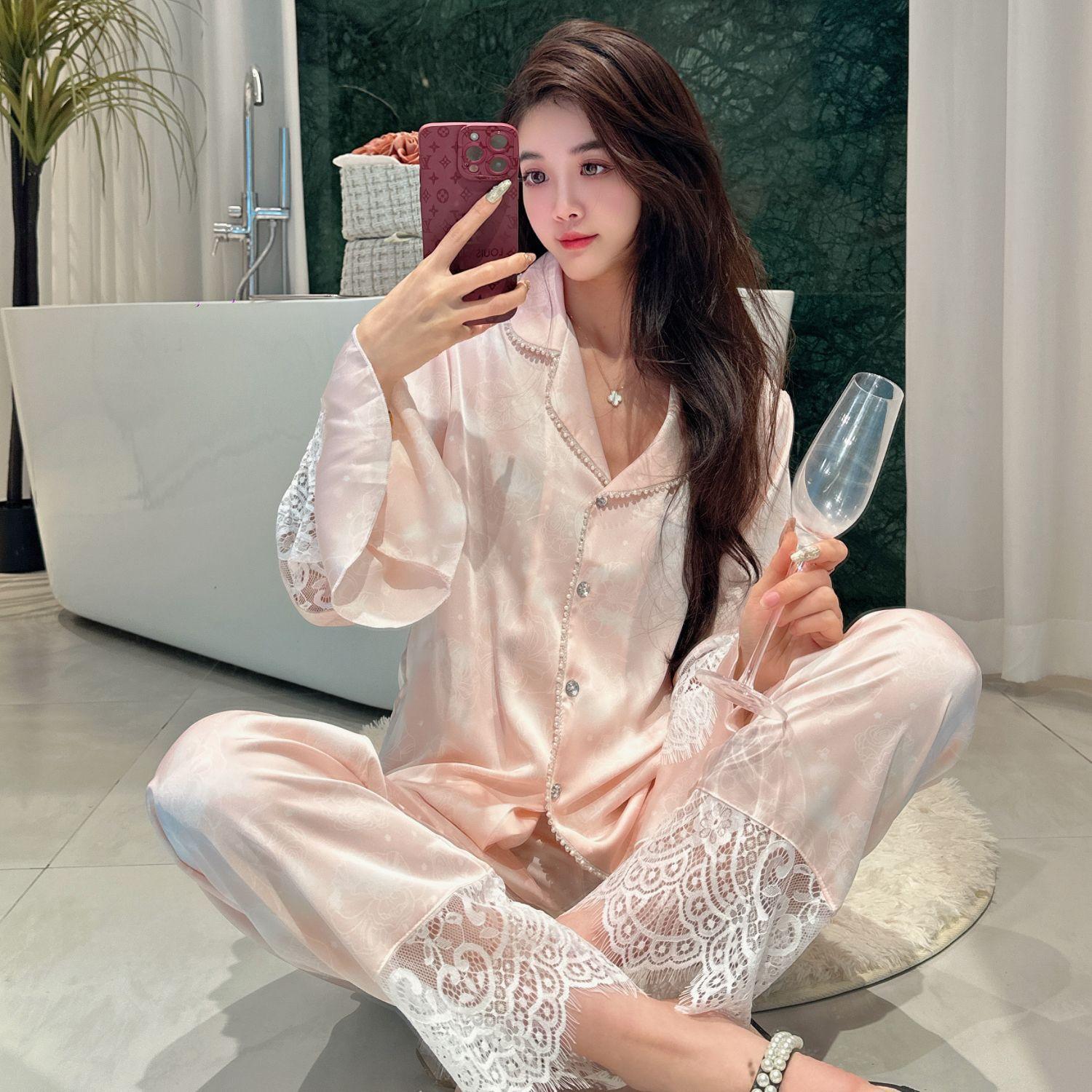 

Пижама из ледяного шелка для женщин, весна-лето, бисер, высококачественная кружевная домашняя одежда, тонкий стиль M розовый