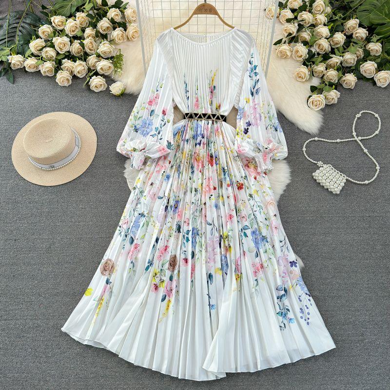 

Accessible Luxury Socialite Lantern Long Sleeve Pleated Print Dress White All yards