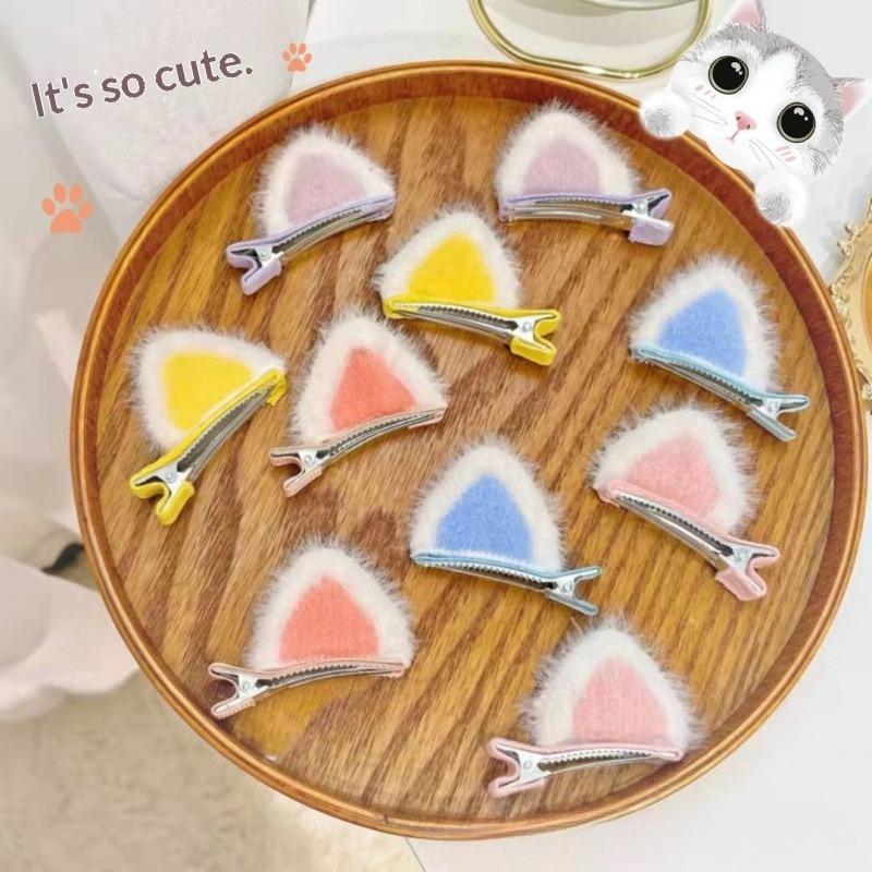 Kids Plush Cat Ear Hair Clips, Warm Winter Autumn Hair Accessories for Girls, Cute Cartoon Side Clips Soft Children Hairpins Set