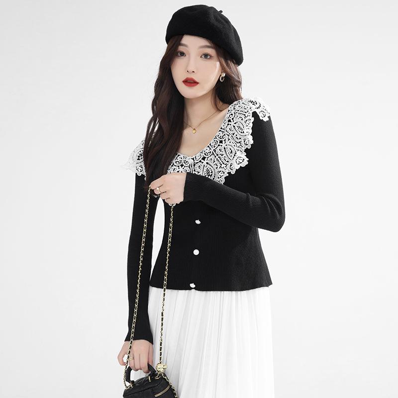 Women's Autumn Winter Knit Sweater Long-sleeved Lace Patchwork Temperament Elegant Comfortable Pullover Top