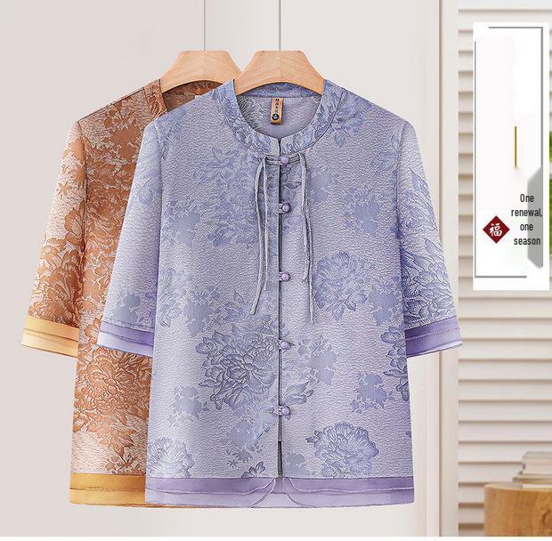 Elegant 2026 Summer Print Top for Middle-Aged & Elderly Women - Chinese Style