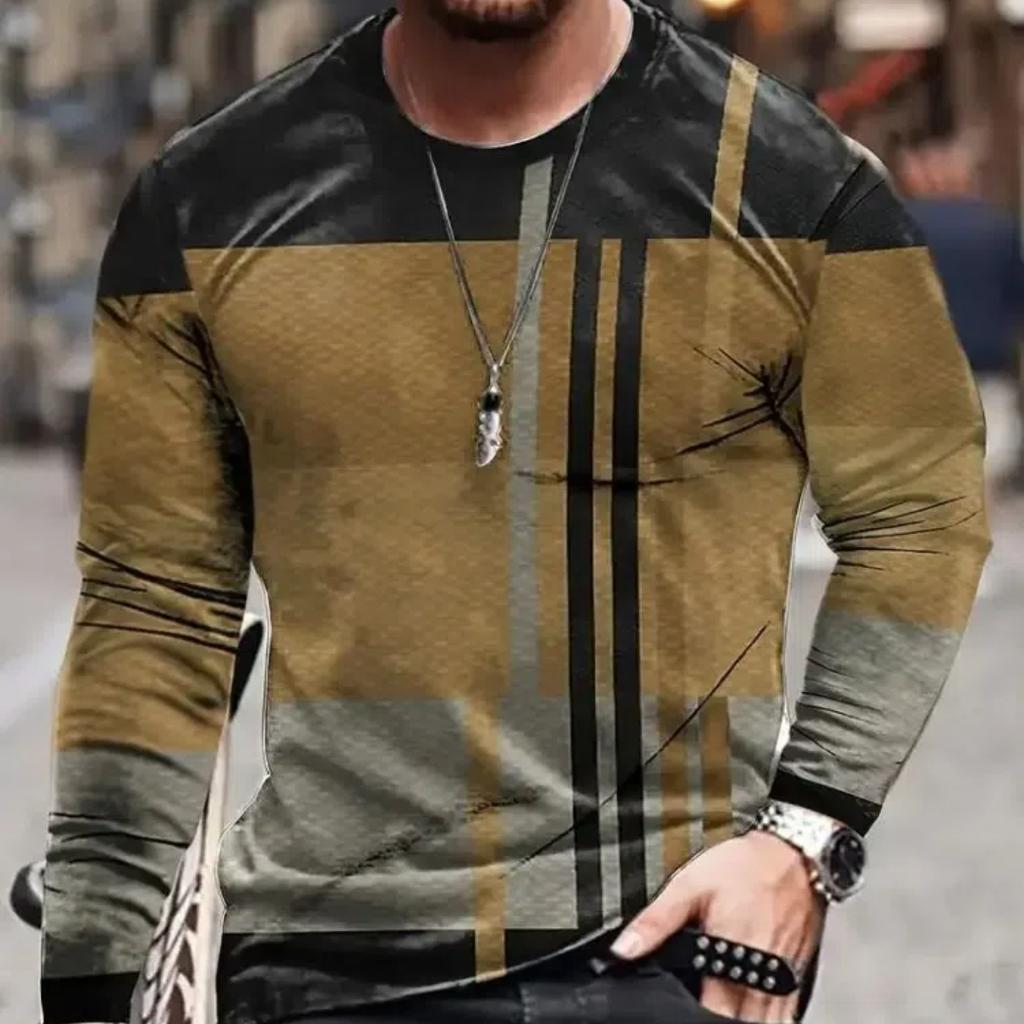 2024 Vintage Men's T-Shirt Color Block Long Sleeve 3D Clothing Print Harajuku Oversized Tops Men's Outdoor Jogging T-Shirt Tops