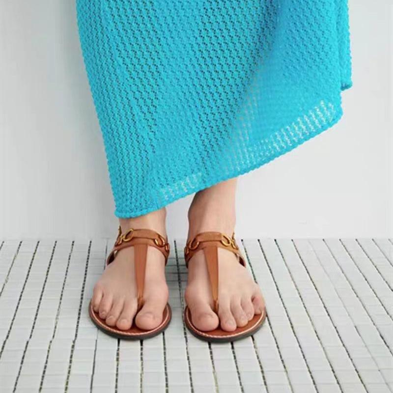 2025 Summer New Foreign Trade Versatile Vacation Flat Sandals Brown Roman Sandals Za Toe Flip-flops Women