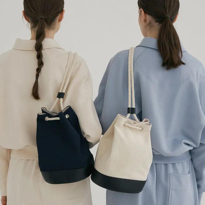 Leather Mixed Canvas Bucket Bag (2colors)