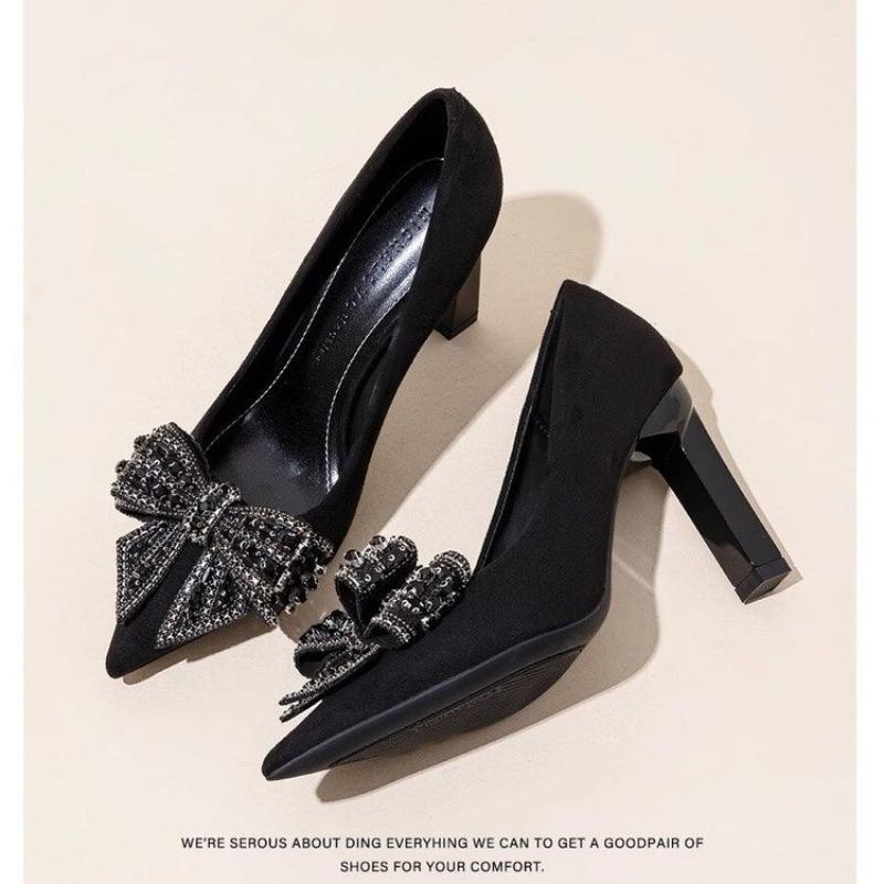 Modische schwarze High Heels mit spitzer Zehenpartie, Damen-Oberbekleidung mit Strassschleife, Arbeitsschuhe, 2025 neue vielseitige Pendler-Einzelschuhe