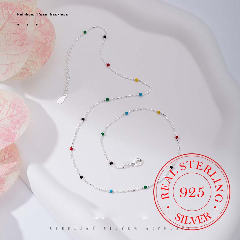 

Pure 925 Silver Rainbow Bean Chain Necklaces For Women Girls Silver 925 Female Chokers Jewelry collares para mujer 45cm