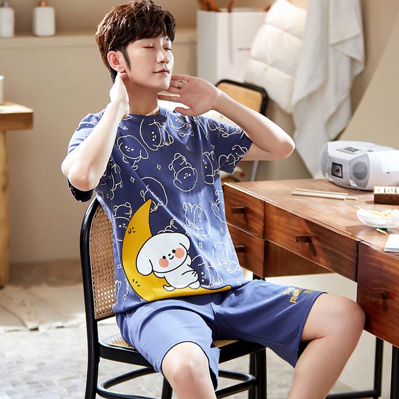 2 Pieces Set Men's Summer Cotton Pajamas Set Short Sleeping Tops Pants Sleepwear Male Casual Nightwear Pijama Pyjama Night Cloth