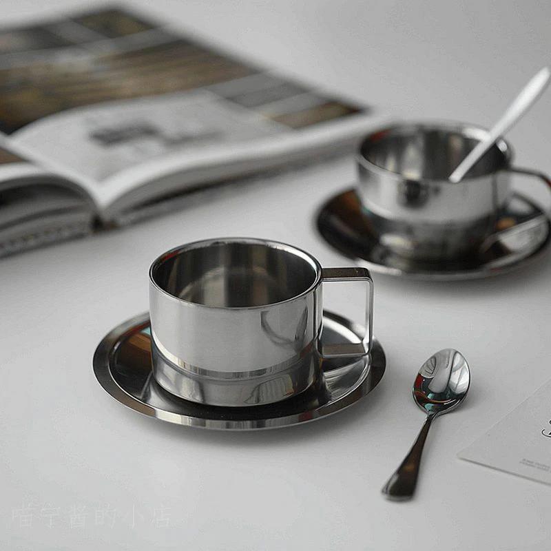 Elegantní šálek na kávu s podšálkem a lžičkou, nerezová ocel 304, šálek na espresso, hrnek na mléko, cappuccino na odpolední čaj, kempování, kavárna