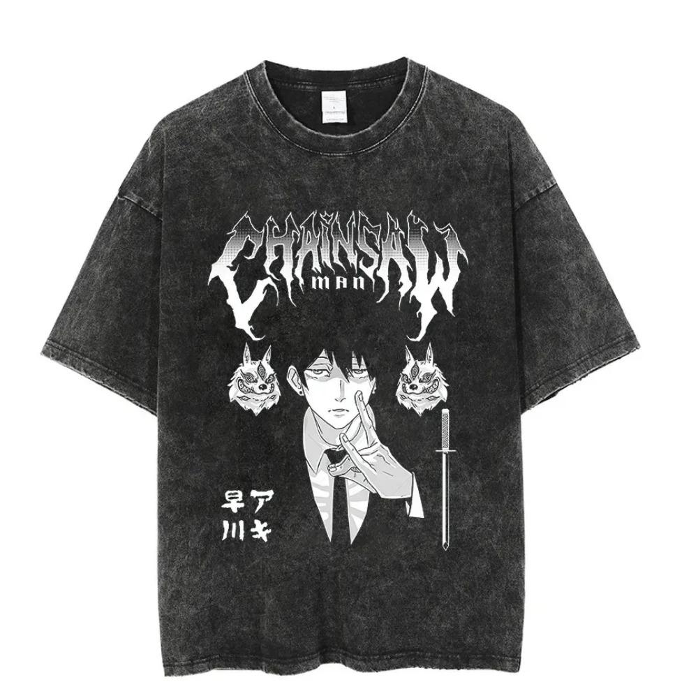 Vintage Washed Tshirts Chainsaw Man Anime T Shirt for Men Women Harajuku Oversize Tee Cotton Streetwear Unisex Tops