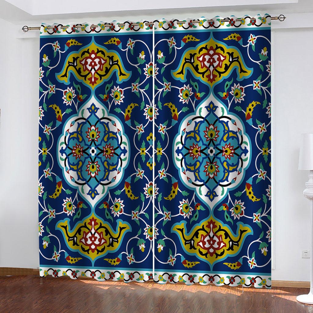 Ethnische Kunst Blume Digitaldruck 3D Muster Schattenvorhänge 2 Paneele Luxus Klassisch Wohnzimmer Schlafzimmer Fensterdekor Vorhänge