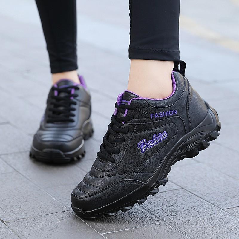 Women's Leather Sneakers Autumn Winter Black Sneakers Women Shoes Waterproof Non-slip Outdoor Walking Sneakers Women Casual Shoe