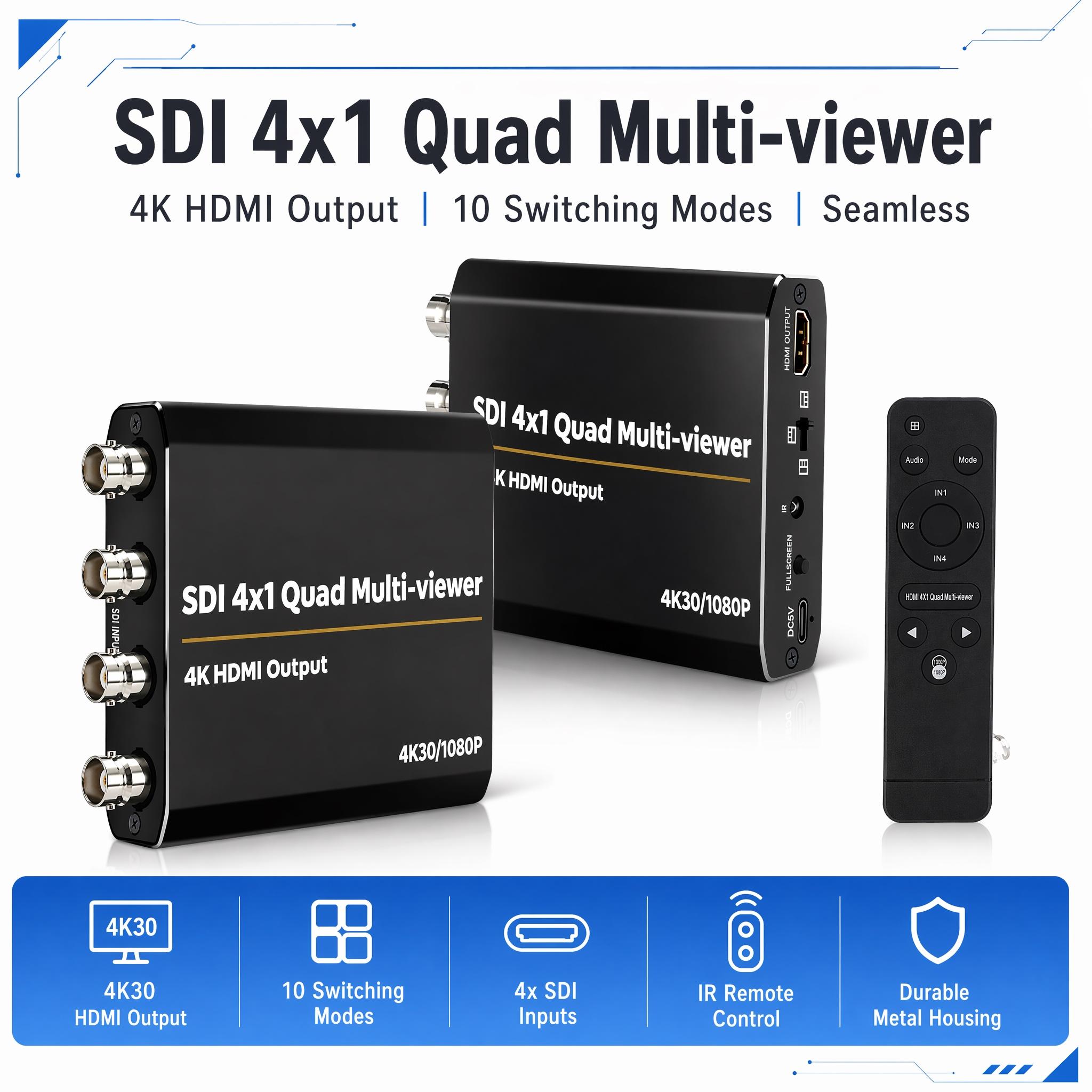 SDI 4x1 Quad Multi-viewer 4 SDI Input to HDMI 4K 10 Split Screen Seamless Switcher IR Remote SDI Video Splitter Switch for Surveillance Camera