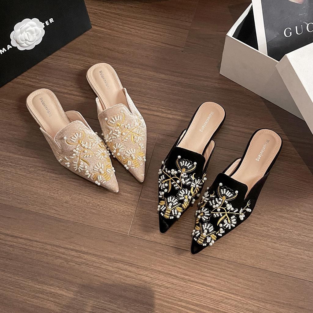 Embroidered Bag Head Half Slippers Women's Outer Wear with Cheongsam Cool Slippers Flat Bottom